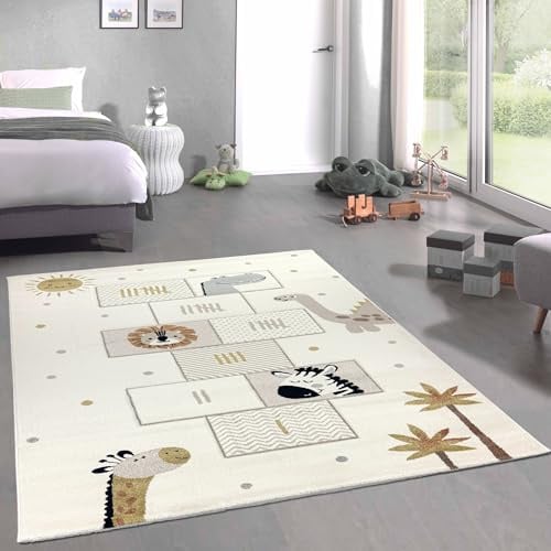 CARPETIA Kinderteppich Kinderzimmer Teppich Schlafzimmer Kurzflor Teppich weich pflegeleicht strapazierfähig Unterlage Tiere Löwe Giraffe Palmen Creme 140 x 200 cm