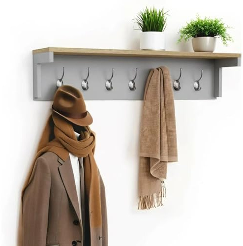 Livhome 7 Hook Grey Wall Mounted Coat Rack, Wooden Coat Hooks with Shelf and Storage, Wall Shelf with Hooks Underneath, Hallway and Closet Organizer for Coat and Wardrobe Storage