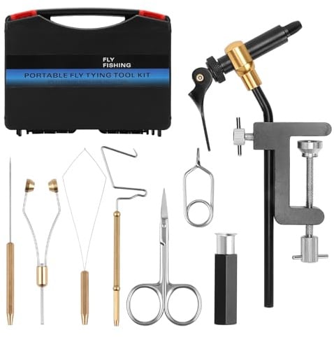SOUUXIU Fliegenfischen Bindewerkzeug-Set 8PCS Fliegenbindeset mit Fliegenbinder Schraubstock Spulenhalter Einfädler Nadel Peitsche Finisher Schere zum Fliegenfischen, Binden, Fliegen (8 Stück)