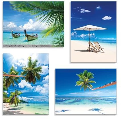 LuxHomeDecor Set 4 Quadri Moderni 40x30 cm - Stampa su Tela con Telaio in Legno - Spiaggia Tropicale - Palme, Mare e Sabbia Bianca - Stampe Decorative per Soggiorno, Camera da Letto, Ufficio