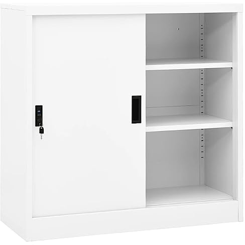 Armoire de bureau avec porte coulissante - Blanc - 90 x 40 x 90 cm - En acier - Pour bureau, maison, garage