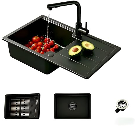 Fregadero Cocina Negro de Granito,Fregadero Cocina 1 Seno con Escurridor 65x43cm,Cesta de Escurrido + Fregadero Interior Adicional + Accesorios de Desagüe,Apto para Muebles Bajos desde 40cm de Ancho