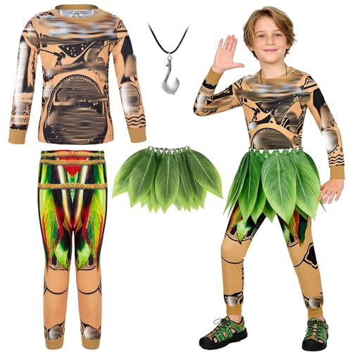 viallolipa Maui-Kostüm für Kinder, Maui Kostüm Set Jungen Ocean Kostüm, mit Langarm Tattoo Top Halskette Hose Grasrock, Karneval Halloween Geburtstag Rollenspiel Outfit Verkleidung, 4-10 Jahre