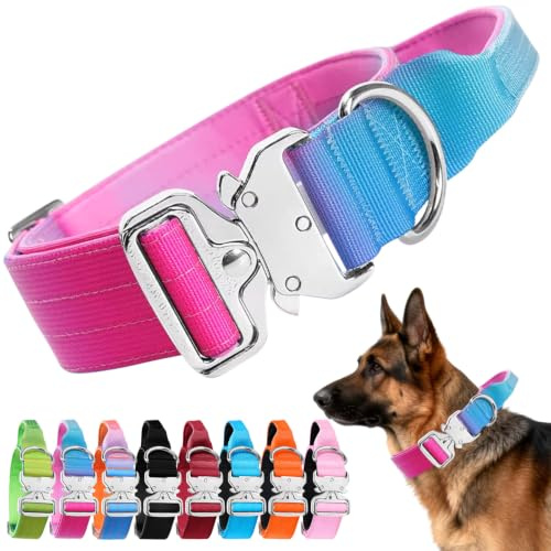 Ledeak Taktisches Hundehalsband, Halsband Hund Breit, Weich Gepolstert Nylon Hunde Halsband mit Griff, Verstellbare Hundehalsbänder für Große und Mittelgroße Hunde (Rosa Hellblau Lila Farbverlauf, L)