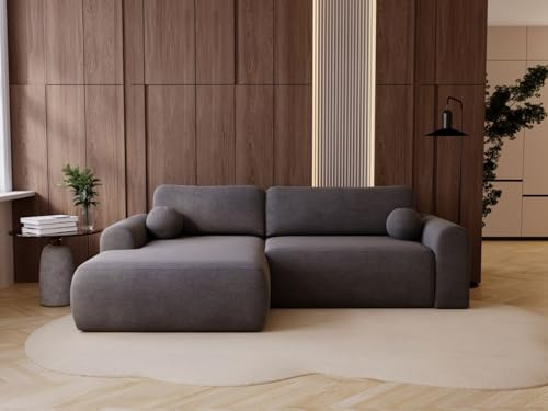 GRAINGOLD Savana L 257x177 cm, L-Form Sofa, Schlafcouch für Wohnzimmer, Velours-Stoff, 3-Sitzer Eckcouch, Ecksofa mit Bettkasten (Grau, Links)