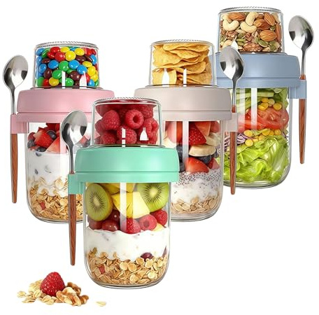 4er Set Overnight Oats Vasos con Tapa y Cuchara – 16oz Envases de Muesli & 4oz Caja de Snack, Vasos de Yogur para Llevar de Vidrio con Doble Cámara, Recipientes de Desayuno para Preparación de