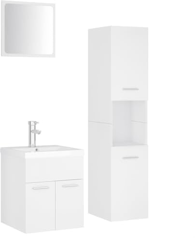 XHNIFBN Badmöbel-Set Weiß aus Holzwerkstoff mit Waschtisch 41x38,5x46 cm, Hochschrank 30x30x130 cm, Keramik-Waschbecken 42x39x18 cm, Zeitloses Design für kleine Bäder, montierter Spiegel 40x37 cm