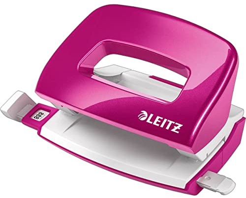 Leitz Mini Locher aus Metall, kleiner Locher für 10 Blatt, Metall, Anschlagschiene mit Formatangaben, Ergonomisches Design, Pink, WOW-Serie, 50601023