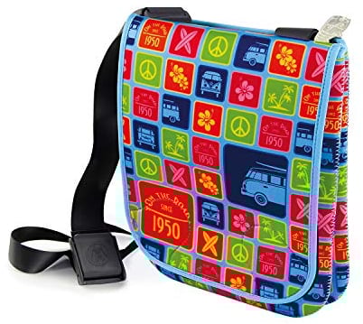 BRISA VW Collection - Volkswagen Kleine Neopren Schulter-Kultur-Umhänge-Tasche in Hochformat im T1 Bulli Bus Design (Surf/Bunt)