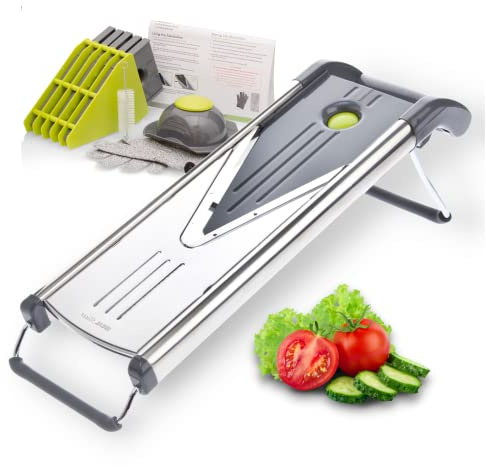 Ideal Pro V Slicer Mandolin, 6 in 1 V Blade Vegetable Cutter, Shredder, Grater, Julienne. Stainless Steel Best for Potato, Onion, Cabbage, Fruit, Chips. Professional Mandoline for Chef