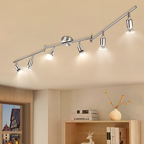 wowatt Deckenstrahler LED 6 flammig Deckenlampe Küche Deckenleuchte Inkl. 6x 5W Spots GU10 420lm Schwenkbar Wohnzimmer Flur Schlafzimmer Warmweiß Spotleuchte Decke 2800K Matt Nickel Modern Rostfrei