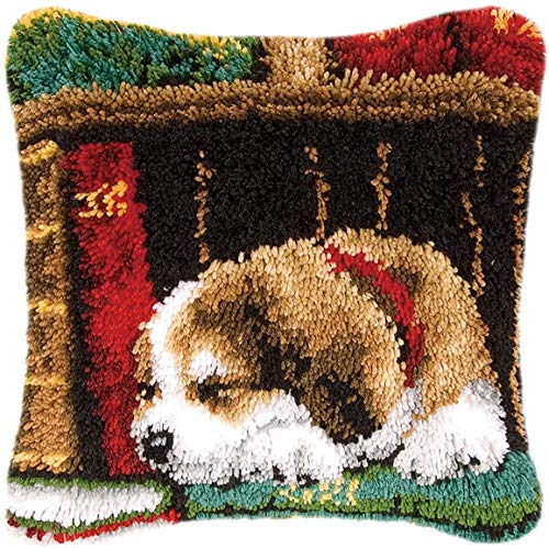 ROCKY&CHAO Latch Hook Kit for Adults, Sleeping Dog 17X17Inch, Latch Hook Dog Pillow Case Kits, DIY Latch Hook Cushion Kits, Cross Stitch Embroidery Kits Cushion Making Kits Home Decor 43x43cm