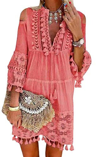 Minetom Robe Été Femme de Plage Rétro Robes Col V Lâche Manches Longues Bohème A-Line Gland Mini Robe Dentelle Floral Robe de Cocktail B Rose 48