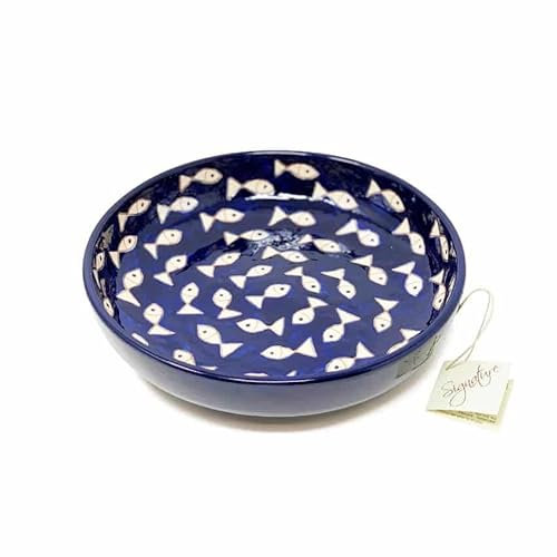 Verano Spanish Ceramics Signature Blue & White Fish Pattern Food Fruit Salad Pasta Wide Bowls - Home Kitchen Dining Dinner Party Decorative Dishware - 27cm White Fish & Blue Background