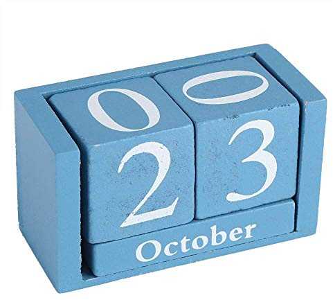 Atyhao Kalenderblock, Vintage, Ewiger Kalender Holz Blau Mini Bohrer Elektrisch Holz Perpetual Desk Kalender Holzwürfel Kalender Monat Datum Anzeige Home Office Dekoration(Blau)