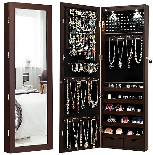 COSTWAY Armadio per Gioielli con 2 luci LED, con Specchio a Figura, Organizer Montato al Muro con Ganci Regolabili per Appendere, Armadio Portagioie per Truccarsi (Marrone)