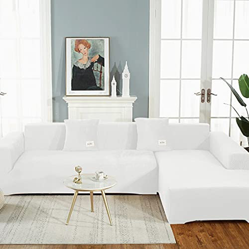 OKJK Samt Sofaüberwurf Stretch All-Inclusive Couchbezug Eckcouch, Wohnzimmer Vier Jahreszeiten universeller l Form Sofabezug, Pflegeleichter Sofaschutz (Milky White,Part A-A 190-230cm)