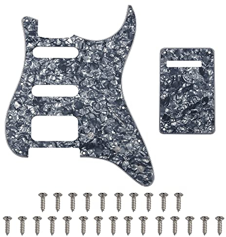 Yootones Schlagbrett-Set mit 11 Löchern, runde Ecken, Schlagbrett-Set, mit Schlagbrett-Schrauben, kompatibel mit USA/mexikanischen Stratocaster-Montage, offenem Tonabnehmer (4-lagig, graue Perlen)