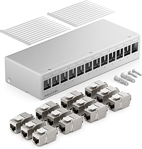 deleyCON 12 Port Patchpanel Set Patchfeld Verteilerfeld 1 HE + 12x RJ45 Keystone Jack Modul STP CAT6a Kompatibel mit Verlegekabel CAT6 CAT6a CAT7 Netzwerkkabel Ethernet LAN DSL - Grau