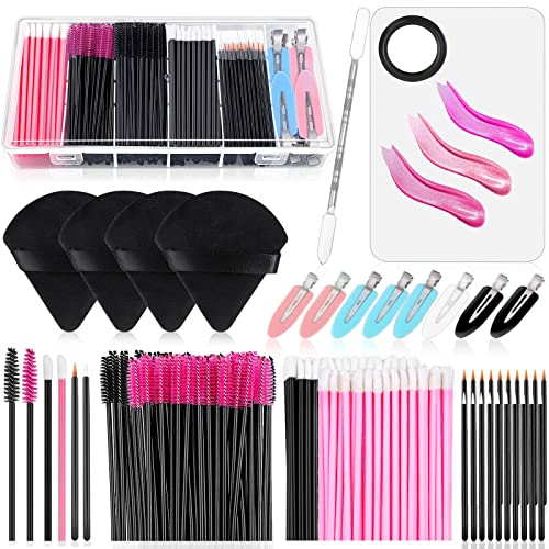 Audab Einweg-Make-up-Applikatoren-Set mit Dreieck-Puff-Mischpalette, Künstlerbedarf Einweg-Mascara-Stäbe, Lippenpinsel, Haarspangen, Puderquasten für Gesicht mit Aufbewahrungsbox in Rosa