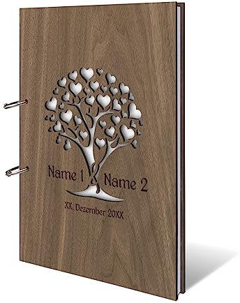 Personalisiertes Hochzeit Gästebuch echtes Holz DIN A4 Hochzeitsbuch mit Lasergravur - Herzbaum - mit 72 Blatt / 144 Seiten Naturpapier Weiß