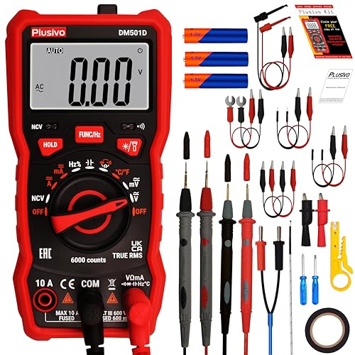 Digital Multimeter 6000 Counts T-RMS AC DC Voltmeter Ohm Volt Amp NCV Diode Tester; Measures Voltage Current Resistance Temperature Capacitance Frequency Buzzer with Test Leads, Probes, Thermocouple