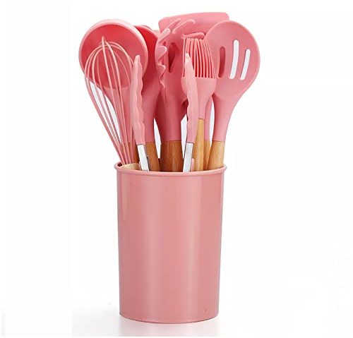 Cloober - Utensilios de Cocina 12 Piezas de Silicona | Juego de Utensilios Antiadherentes Resistentes al Calor Mango Ergonómico de Madera - Libres de BPA (Rosa)