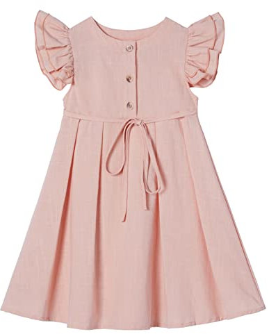 Ugitopi Kleines Mädchen Flatterärmel Baumwoll-Leinen Kleid Kleinkind Kinder Doppelte Rüschen Freizeitkleider Pink 100
