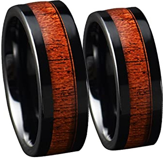 Hoisy Verlobungsring und Ehering Set, Partnerringe Dunkel 8MM Schwarzes Ring-Inlay-Holz Größe Frauen 60 (19.1) und Männer 60 (19.1)