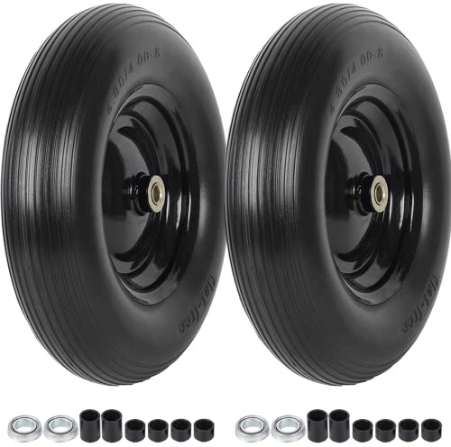 (2-PACK) 4.80/4.00-8 Tire and Wheel - Universal Fit 16 Flat Free Solid Wheelbarrow Tires with 3 Hub and 5/8 Bearings – Extra Adapter kit includes 3/4 Ball Bearings, 1 and 1/2 Nylon Spacers