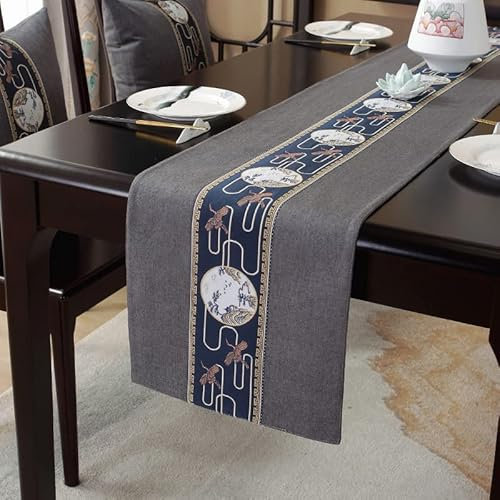 Oster Tischläufer, Tischläufer Outdoor Grau Baumwolle Landschaft Gestickt für Party, Kommode und Esszimmer 140X33cm
