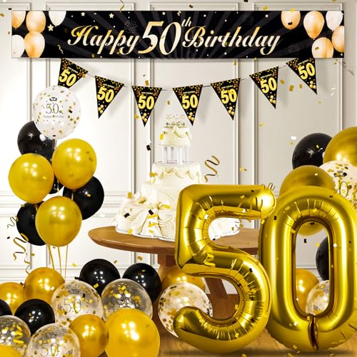 50 Geburtstag Deko, Schwarzes Gold 50. Geburtstags Dekoration Mann Frau,50. Happy Birthday Banner,Zahl Luftballons 50,Schwarzes Gold Konfetti Luftballons,Feuerwerk Dreieckiges Flaggenbanner
