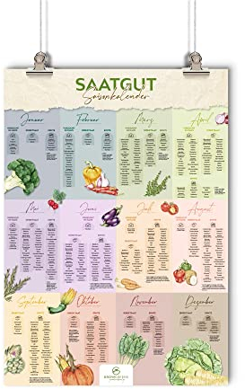Saisonkalender für Obst und Gemüse Poster A1 - Ewiger Aussaatkalender Gartenkalender als Plakat mit Illustrationen