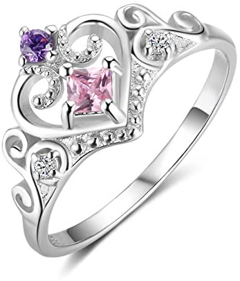 Bellitia Jewelry Bagues Argent 925/1000 Femme Anneau avec 5A Zirconium pour Fille, Princesse Coeur Bague de Couronne avec Zircone Rose de Fiançailles Alliance Bague de Promesse