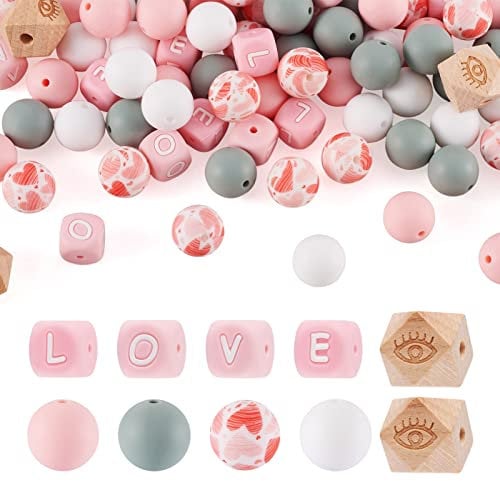 Beadthoven 81pcs Silicone Letter Beads Pearl Pink Love Cube Rubber Beads Octagon Eye Pattern Wood European Beads for DIY Craft Bracelet Jewelry Making