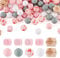 Beadthoven 81pcs Silicone Letter Beads Pearl Pink Love Cube Rubber Beads Octagon Eye Pattern Wood European Beads for DIY Craft Bracelet Jewelry Making