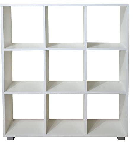 Libreria Scaffale per Soggiorno 9 Ripiani Scaffalatura Portaoggetti Libri Svuotatasche in Legno con Rivestimento Laminato Verticale Orizzontale Mobiletto Cucina Ufficio (Bianco, Johannes)
