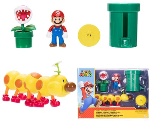 Nintendo Super Mario Soda Jungle Diorama Includes 3 Figures and 2 Accessories: 2.5-Inch Mario, Wiggler, Piranha Plant, Warp Pipe, Coin. Ages 3+ (Officially Licensed)