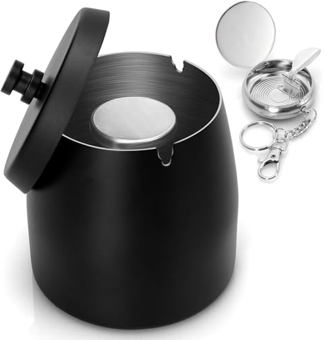 Alyvisun Cubo de Basura de Escritorio, Contenedor de Ceniza de Acero Inoxidable con Tapa y Bandeja Portátil, para Exteriores, Oficina, Decoración del Hogar, Negro [10 * 9 * 10 cm]
