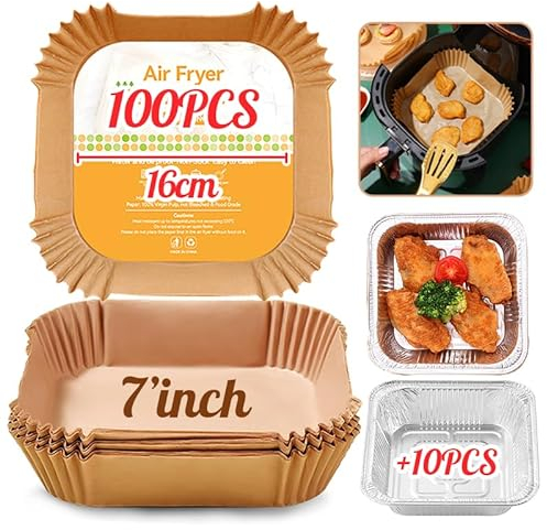 Caiery 100 unidades de papel de horno para freidora de aire y 10 cuencos de aluminio, forro de papel antigrasa desechable, antiadherente, papel para freidora de aire fácil de limpiar, para freidora de