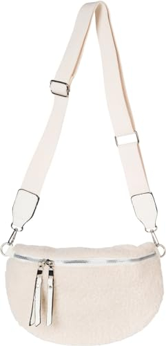 styleBREAKER Damen Teddyfell Halbmond Crossbody Schultertaschen Einfarbig, verstellbarer Schultergurt 02012403, Farbe:Creme