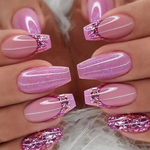 24pcs Press-On French Tip Medium Length False Nails - Pink, Purple, Glitter - Acrylic Full Cover Glossy Glue-On Artificial Ballerina Stick-On Nails for Women & Girls