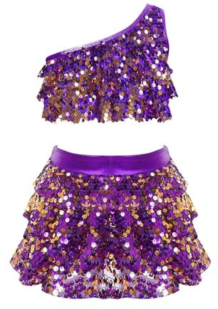 Freebily Vestito da Ballo Bambina Latino Americano Monospalla Abito da Ballo Tango Paillettes Crop Top Canotta + Gonna di Danza Classica Culottes Vestito da Pattinaggio Jazz Viola 5-6 Anni