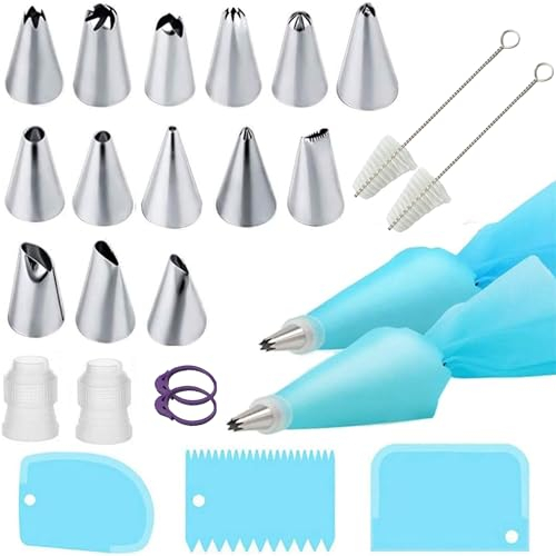 Silicone Piping Bags, 23 pcs Stainless Steel Nozzles Set with Coupler, 2 Reusable Icing Piping Bag with 2 Cleaning Brush & 3 Dough Scrapers for Decorating Cakes, Pastries & Cupcakes