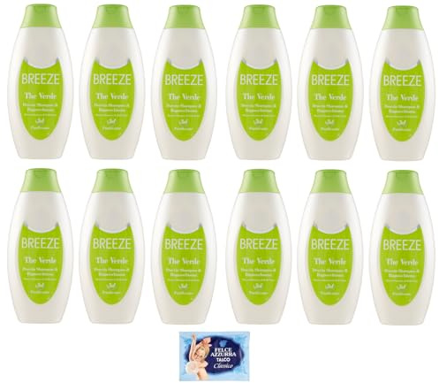 12 x BREEZE The Green Duschshampoo und Duschgel, reinigt Körper und Haar effektiv, 400 ml + 1 Beutel Talkum Felce Azzurra 100 g