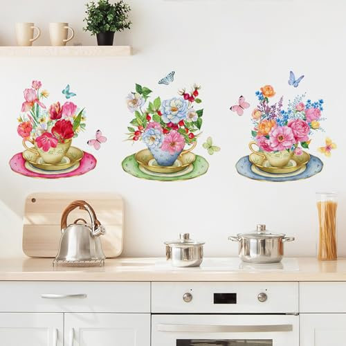 Wall Stickers for Bedrooms for Adults - Flower Wall Art Stickers Retro Pot Plants Colorful Butterfly Removable Living Room 1518