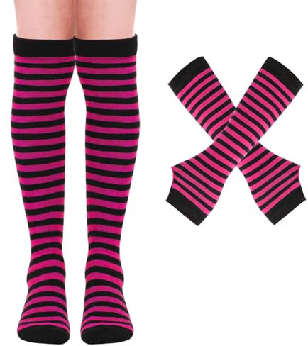Mayoii Thigh High Socks Long Fingerless Gloves Set, Over Knee High Socks for Women Girls Arm Leg Warmer, Striped Knee High Stocking Long Socks Halloween Christmas Costumes Accessories