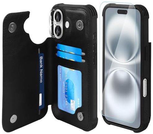 VANAVAGY Fit Car Mount Wallet Case for iPhone 16 Plus,Black | PU Leather Flip Cover for Men & Women,12ft Drop Protection,RFID Blocking Card Holder,Kickstand,Includes Screen Protector