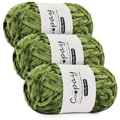 Coopay Chenille Wolle zum Häkeln, 3x100g Samtig Chenillegarn, Dicke Flauschige Weich Chenille Garn, Chenille Wolle, Weicher Plüschwolle Häkelgarn für Decken, Schals - Olivgrün