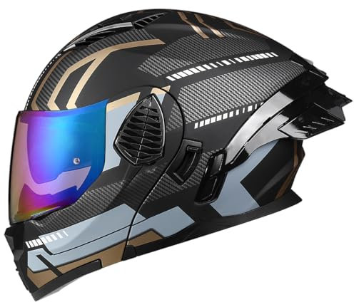 Woljay Casco Da Motociclista Casco Integrale Flip Up Doppia Visiera Integrato Moto Per Adulti Uomini Donne Street Racing Ciclomotore Approvato DOT/ECE (Black Gold-Blue Transparent Visor,Medium)